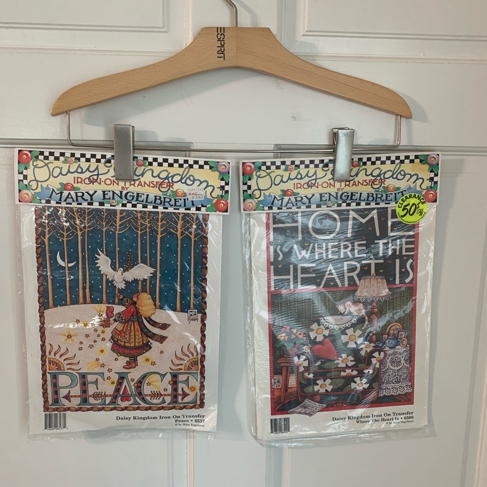 Mary Engelbreit Iron On Transfers- “Peace” & “Home Is Where The Heart Is”